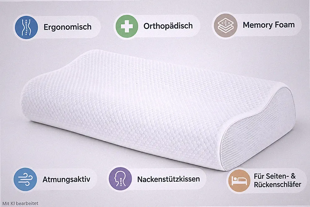 EcoSchlaf Nackenstützkissen Memory Foam 60x35x12 cm ergonomisch Weiß