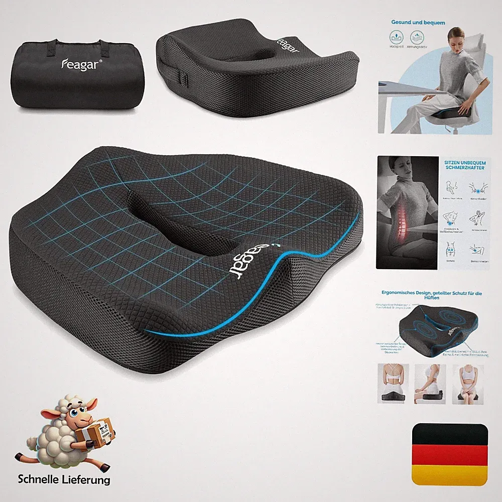 Feagar Orthopädisches Memory Foam Sitzkissen Schwarz ergonomisch, druckentlas...