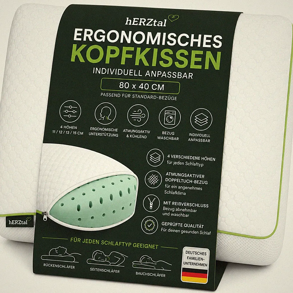 hERZtal Ergonomisches Kopfkissen 80x40 cm Orthopädisch Nackenkissen 4 Höhen