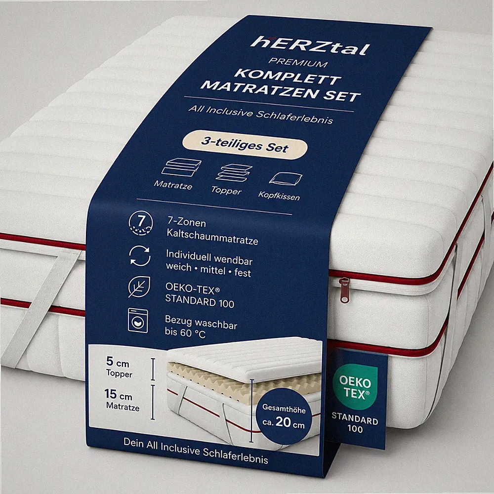 hERZtal Komplett Matratzen Set Matratze Topper Kissen Ergonomisch OEKO-TEX