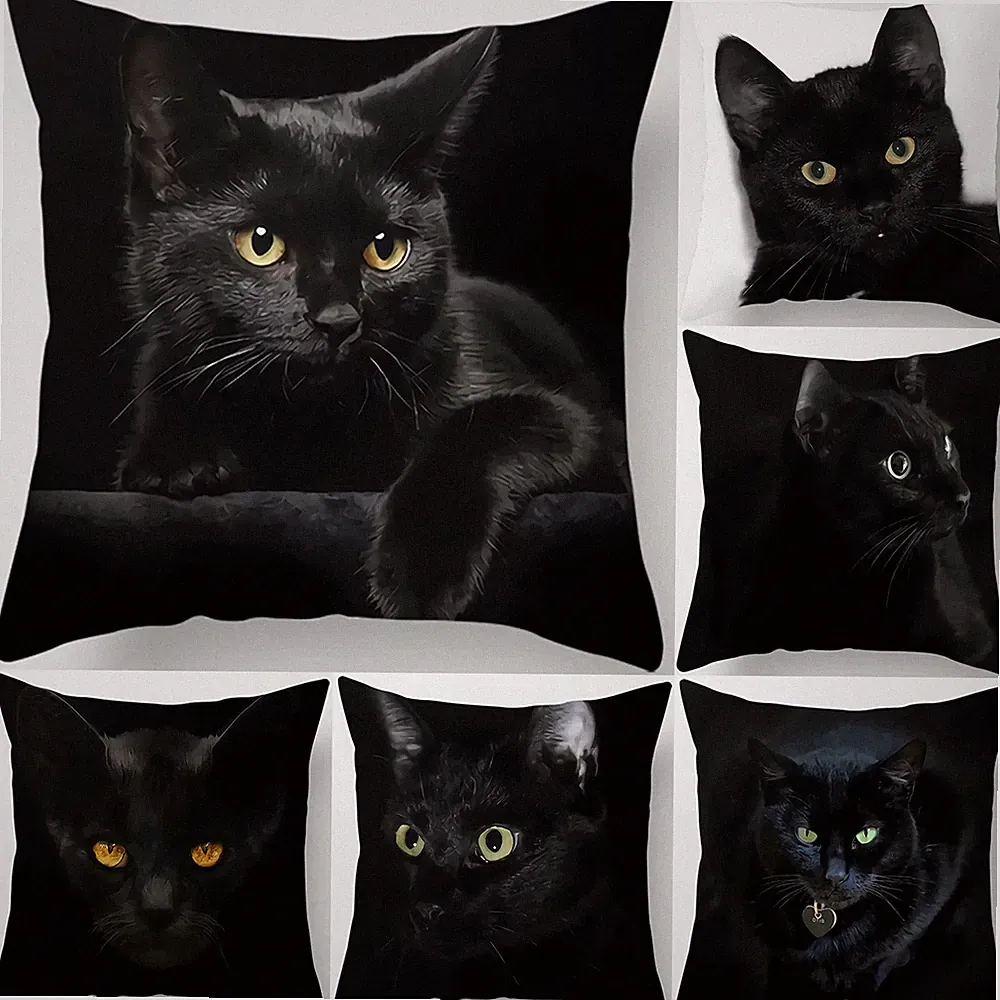 Kissenbezug schwarze Katze 45x45 Sofa Deko Kissenhülle Auto Heimtextil