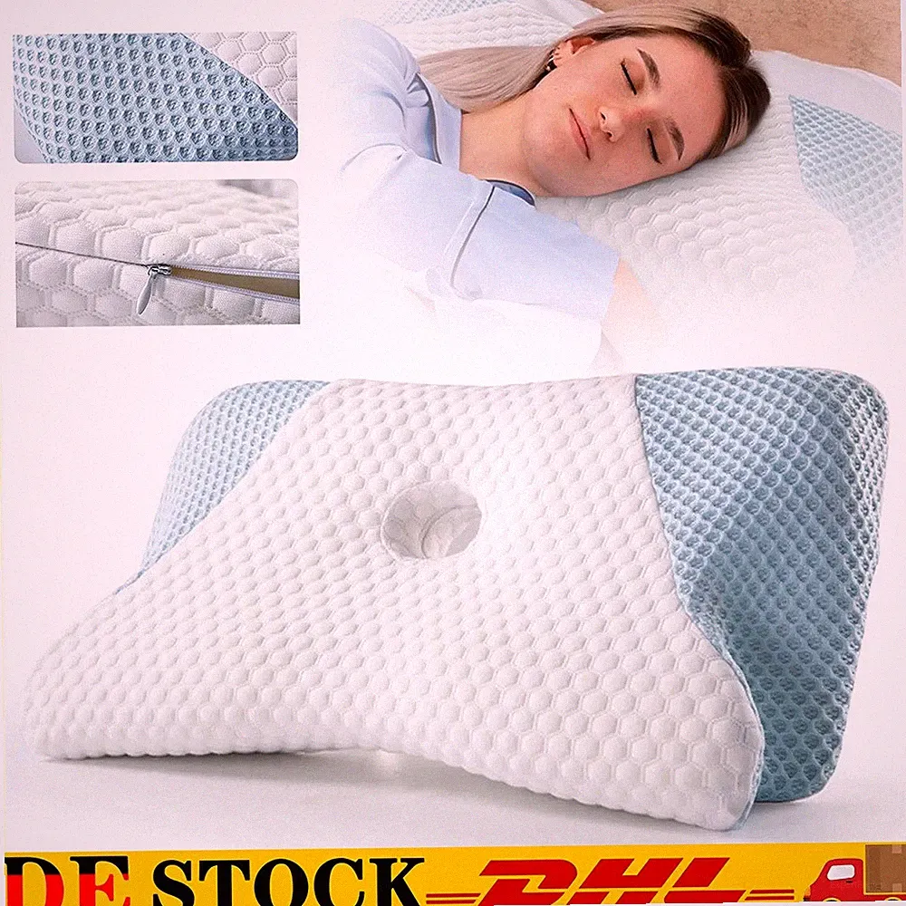 Konturiertes Kopfkissen Memory-Schaum Orthopädisches Schlafkissen Blau Weiß