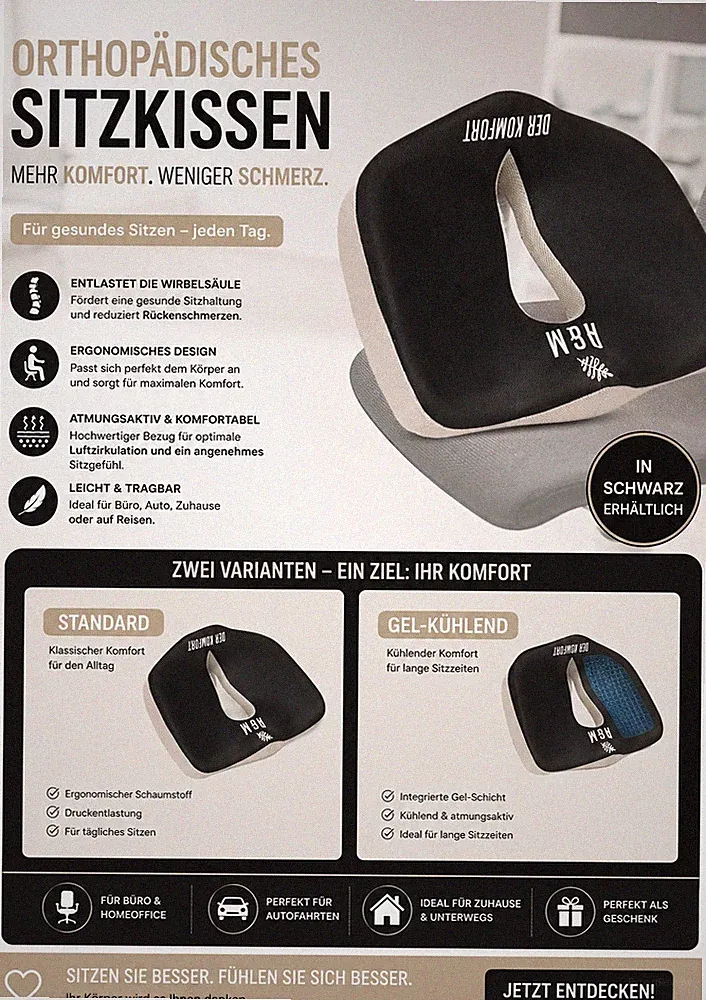 MBH orthopädisches Sitzkissen ergonomisch atmungsaktiv tragbar schwarz
