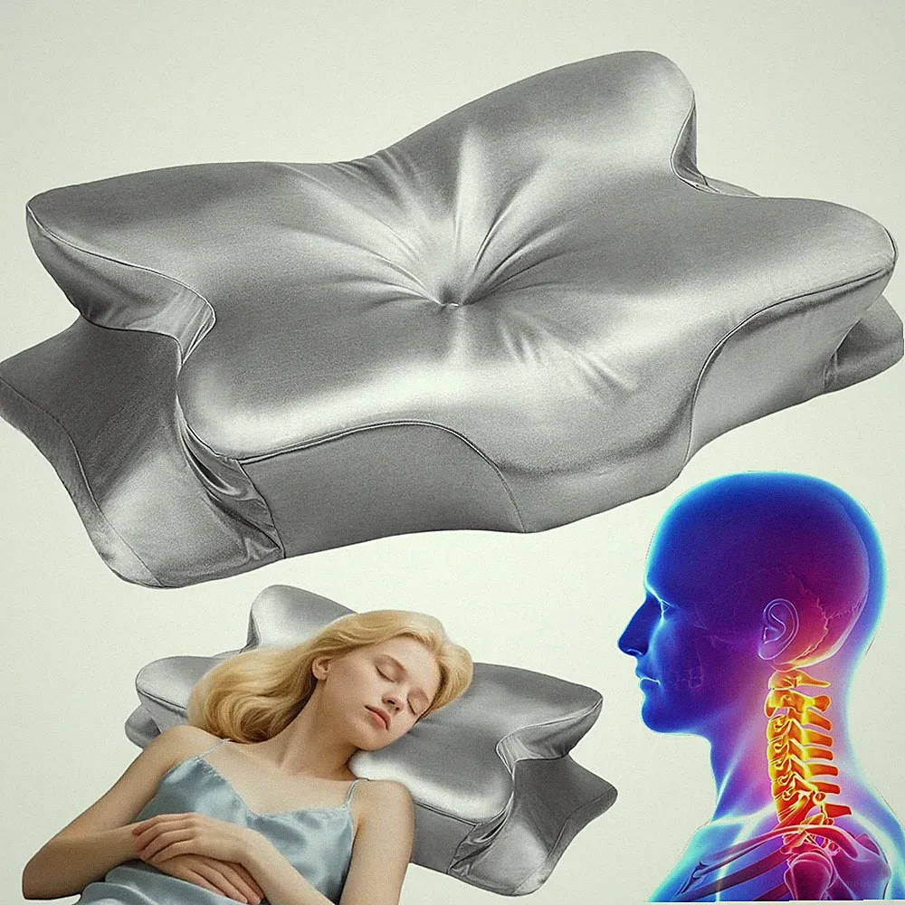 Memory Foam Kissen Orthopädisch Nackenstütze Silbergrau Satin Bezug Ergonomisch