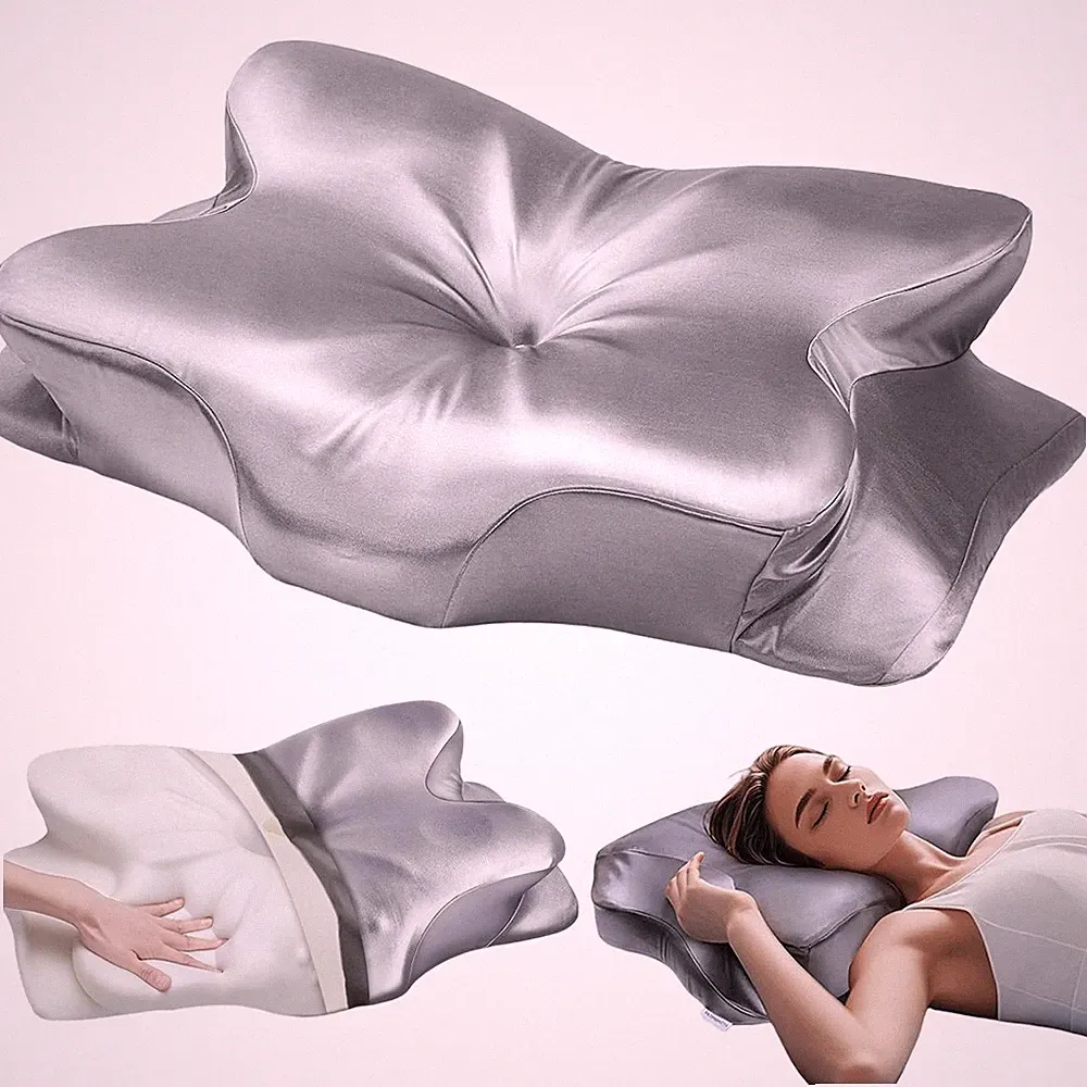 Memory Foam Nackenstützkissen Orthopädisch Silbergrau Satin Bezug Schlafhilfe