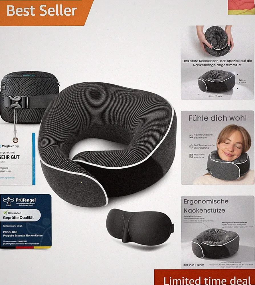 Nackenkissen Flugzeug, Reisekissen 100% Memory Foam, Orthopädisches Nackenhör...