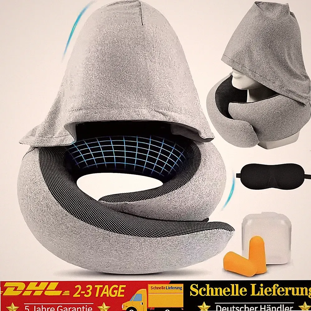 Nackenkissen mit Kapuze Flugzeug & Auto Reisekissen Nackenhörnchen Kopfstütze DE