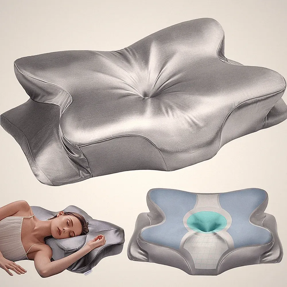 Nackenstützkissen Memory Foam Orthopädisch Silbergrau Satin Bezug Schlafkomfort