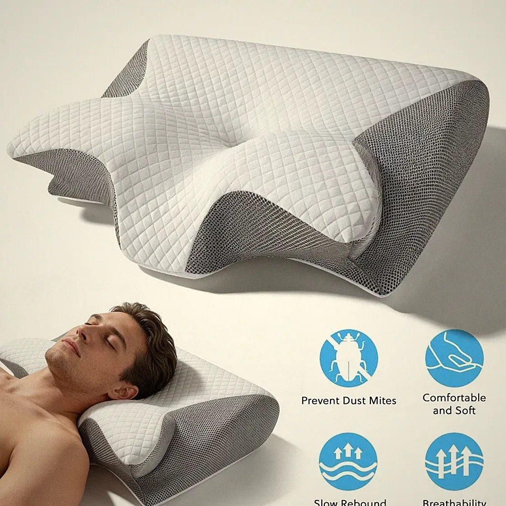 Orthopädisch Ergonomisches Nackenstützkissen Memory Foam 60x40 cm Grau Viscoelas