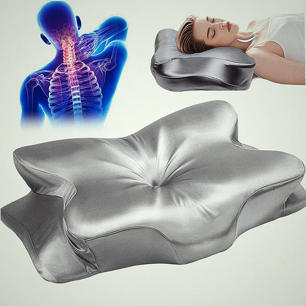 Orthopädisch Memory Foam Nackenstützkissen Silbergrau Satin Oberfläche