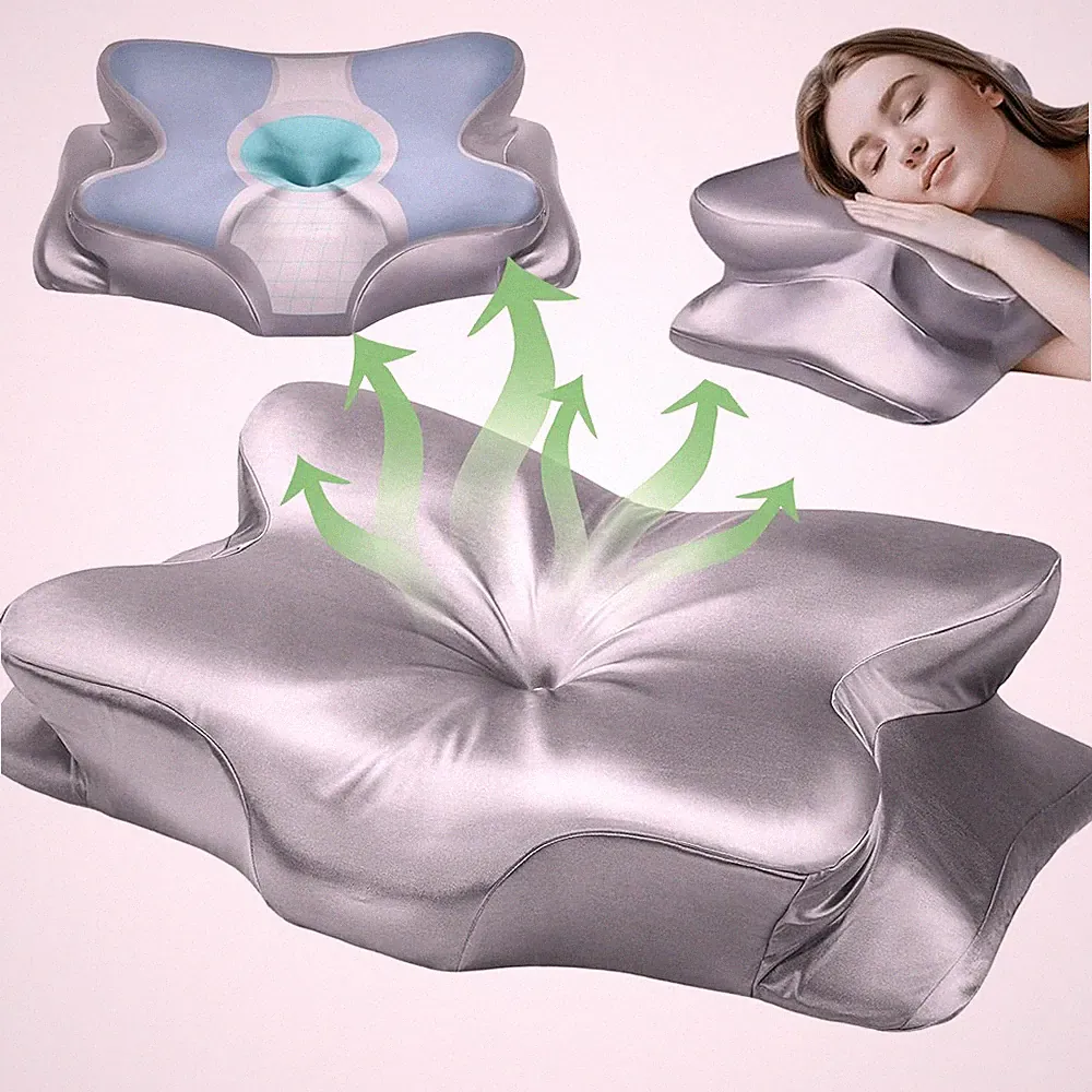 Orthopädisch Nackenstützkissen Memory Foam Silbergrau Satin Ergonomisches Design