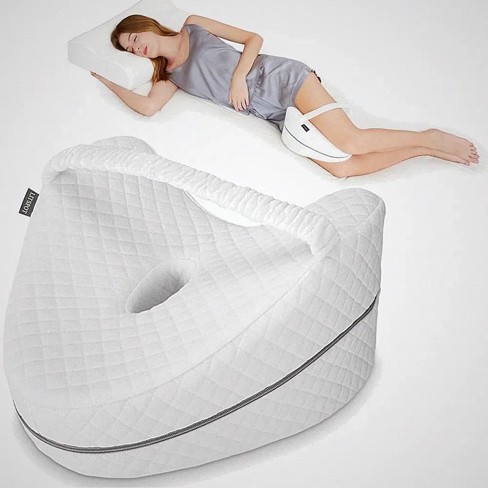 Orthopädisches Kniekissen, Seitenschläferkissen, Memory Foam, Weiß mit Schleife