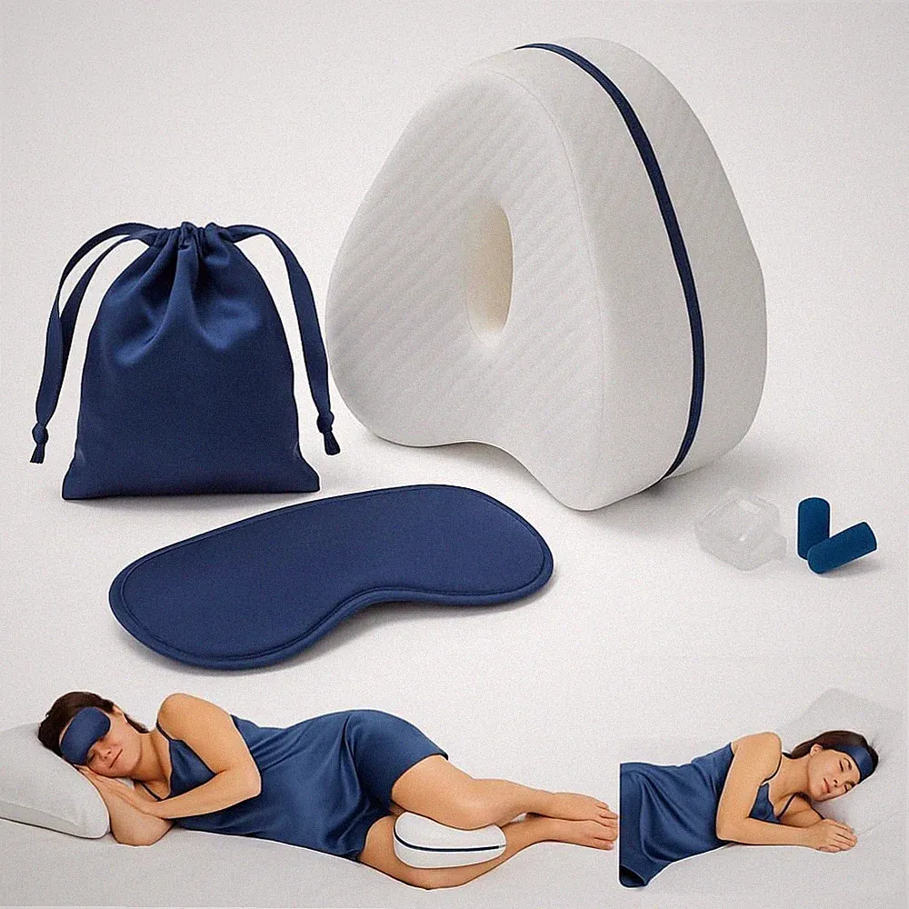 Orthopädisches Memory Foam Kniekissen, ideal zum Schlafen auf der Seite.