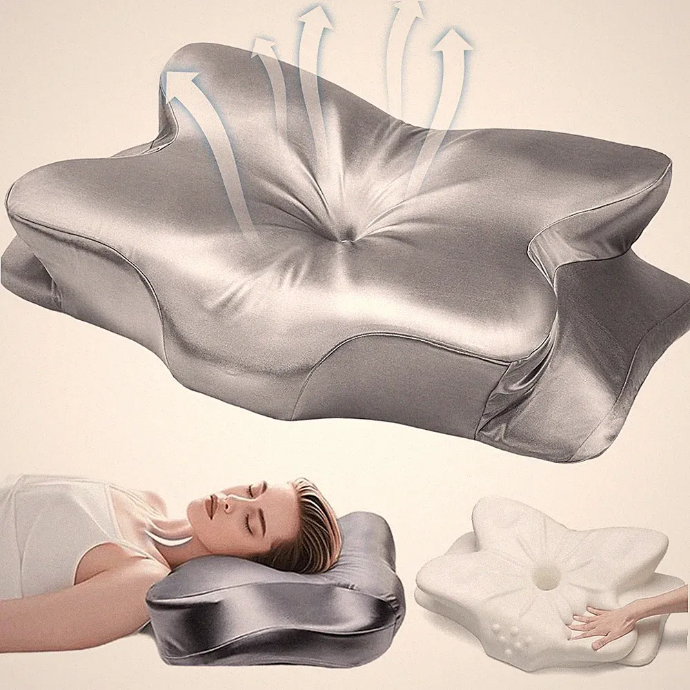 Orthopädisches Memory Foam Nackenstützkissen Silbergrau mit Satin Oberfläche