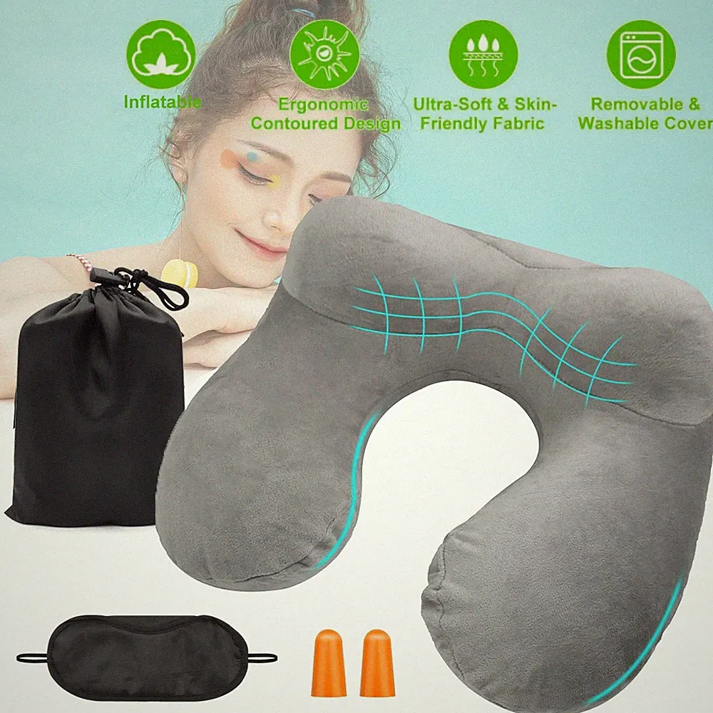 Orthopädisches Nackenkissen Aufblasbar Reisekissen Stützkissen & Ohrstöpsel Set