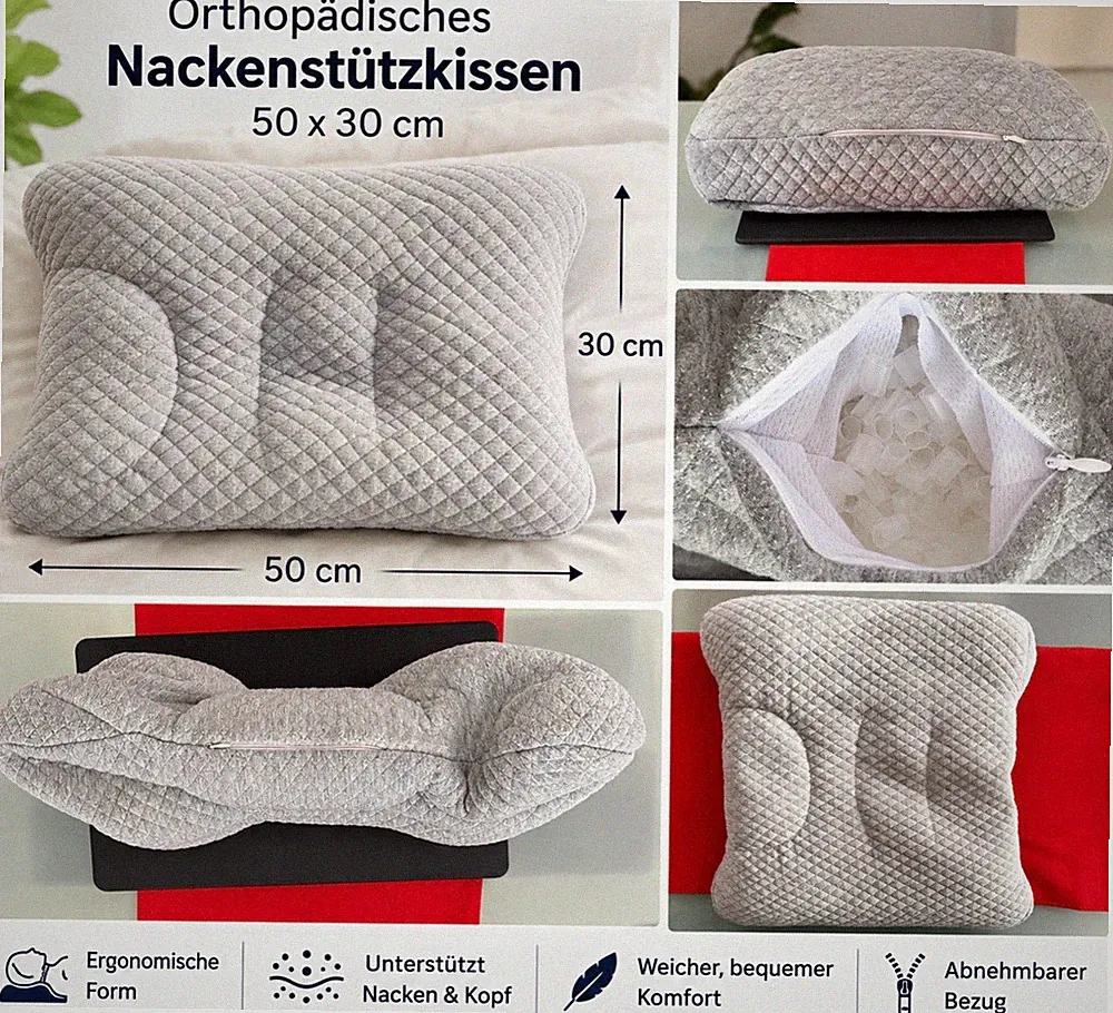 Orthopädisches Nackenstützkissen Grau 50 x 30 cm mit abnehmbarem Bezug