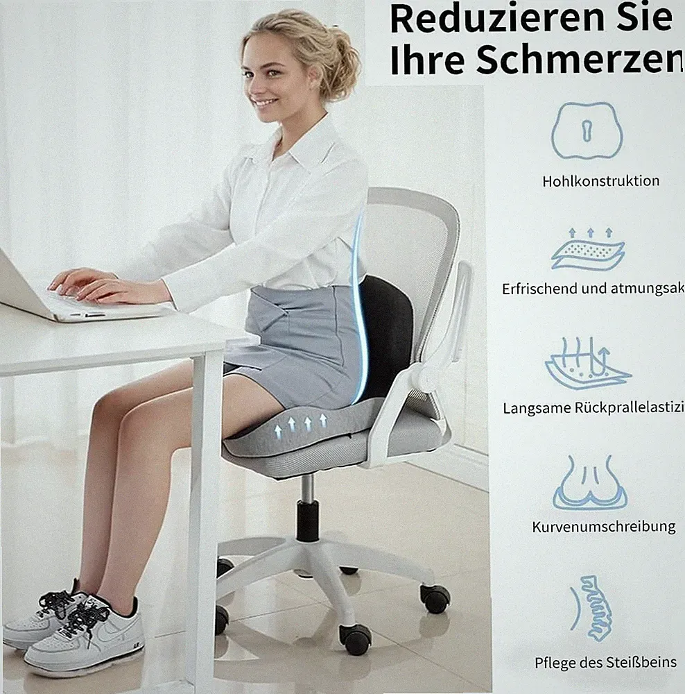 Orthopädisches Sitzkissen mit Rückenlehne Ergonomisch Steißbeinkissen Dunkelgrau