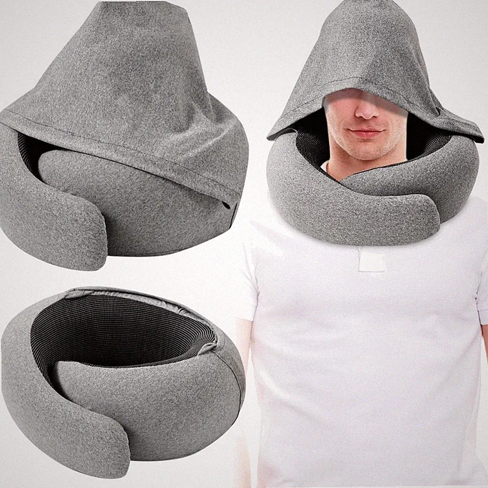 Reisekissen Memory Foam Nackenkissen Flugzeug Kapuze Verstellbar Orthopädisch