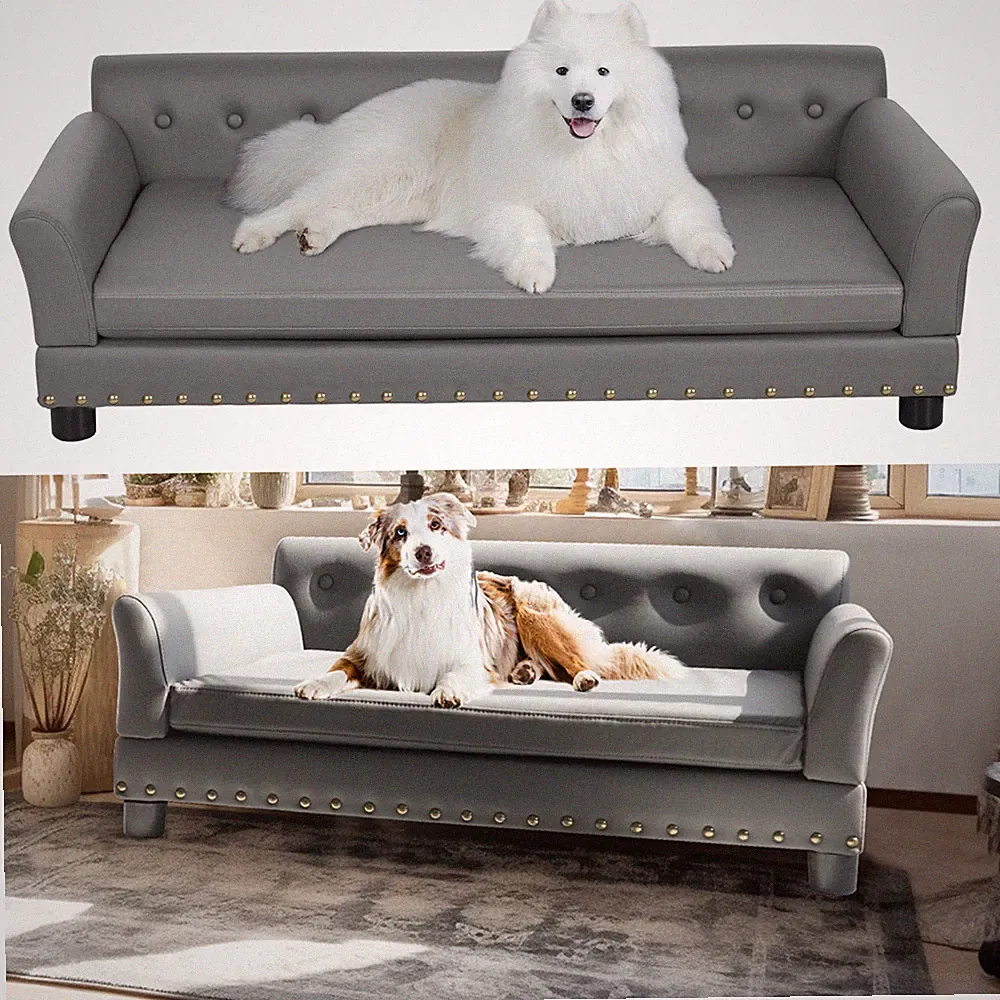 XXL Groß Hundecouch Hundesofa Grau Hundebett Leder Hundekissen mit Rückenlehne