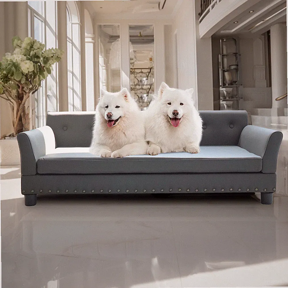 XXL Groß Hundecouch Hundesofa Grau Hundebett Leder Hundekissen mit Rückenlehne